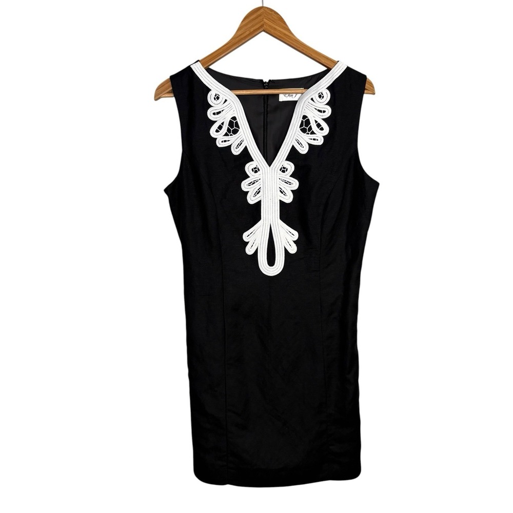 Eliza J Womens Dress 14 Black Sheath White Neckline Trim Vneck Classy Mature